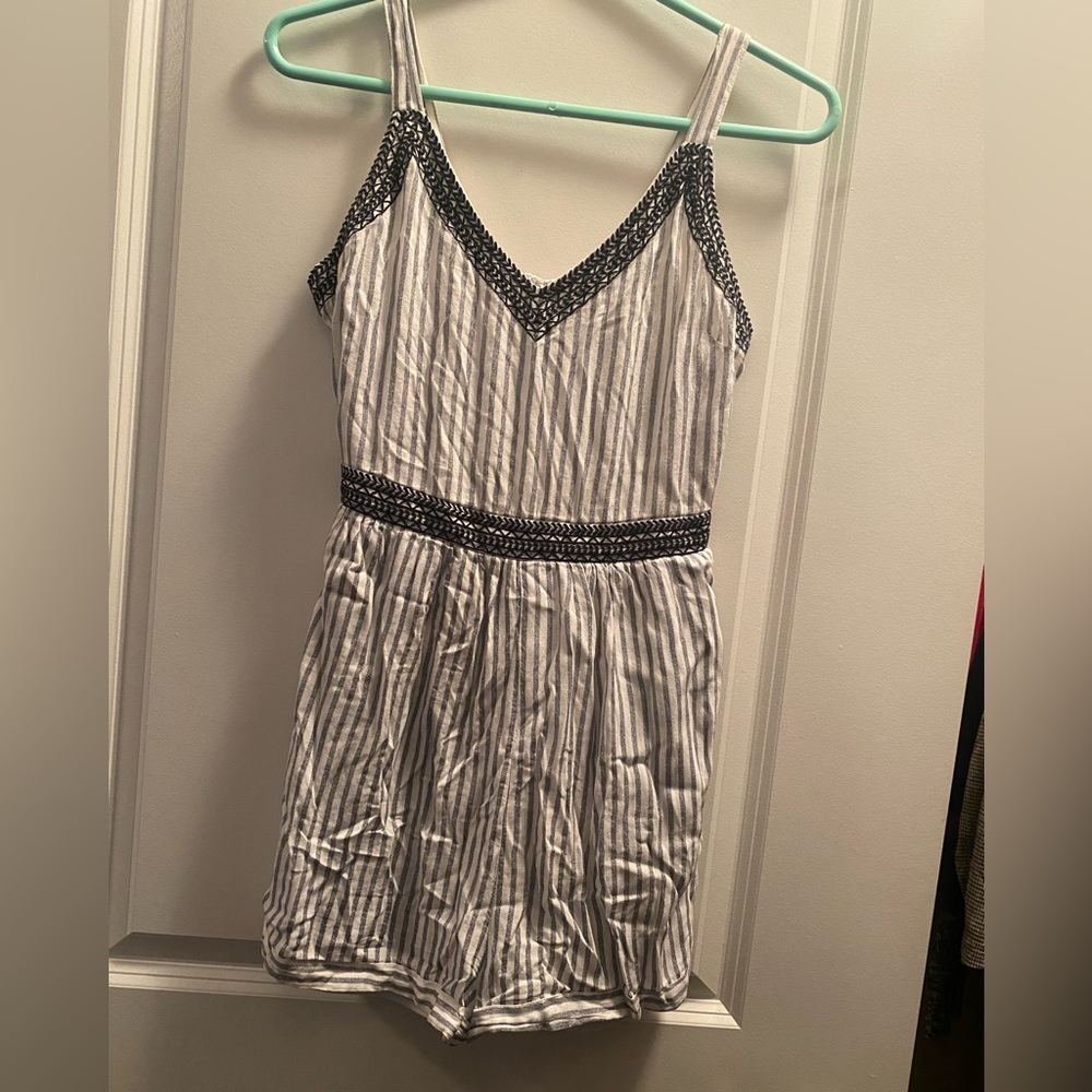 Japna, Size M - Gray & White Stripped Tank Romper with Black Accent